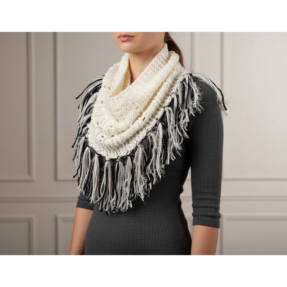 NEW Hand Knitted Cowl Scarf White Black Gray Boho Cottage Coastal Art Fairy Chic